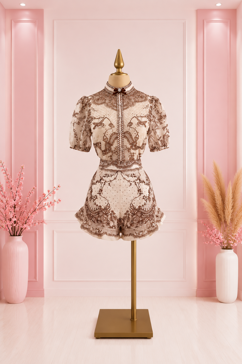 Blusa y Short de Encaje con Detalle de Pedrería