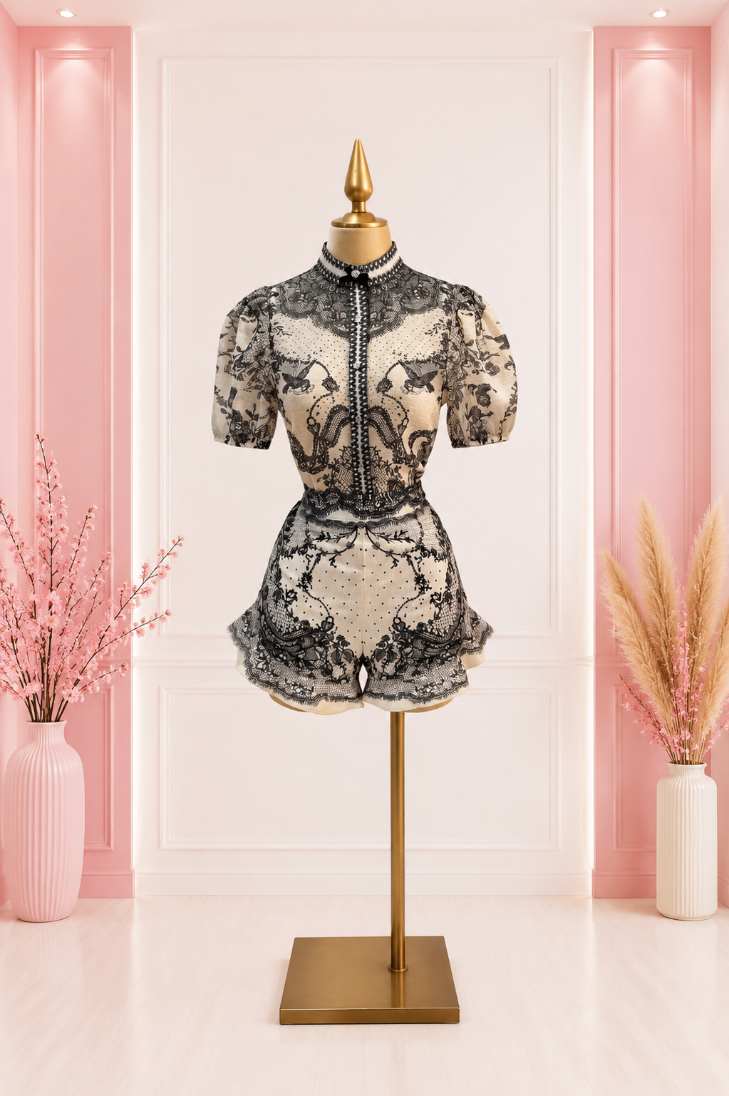 Blusa y Short de Encaje con Detalle de Pedrería