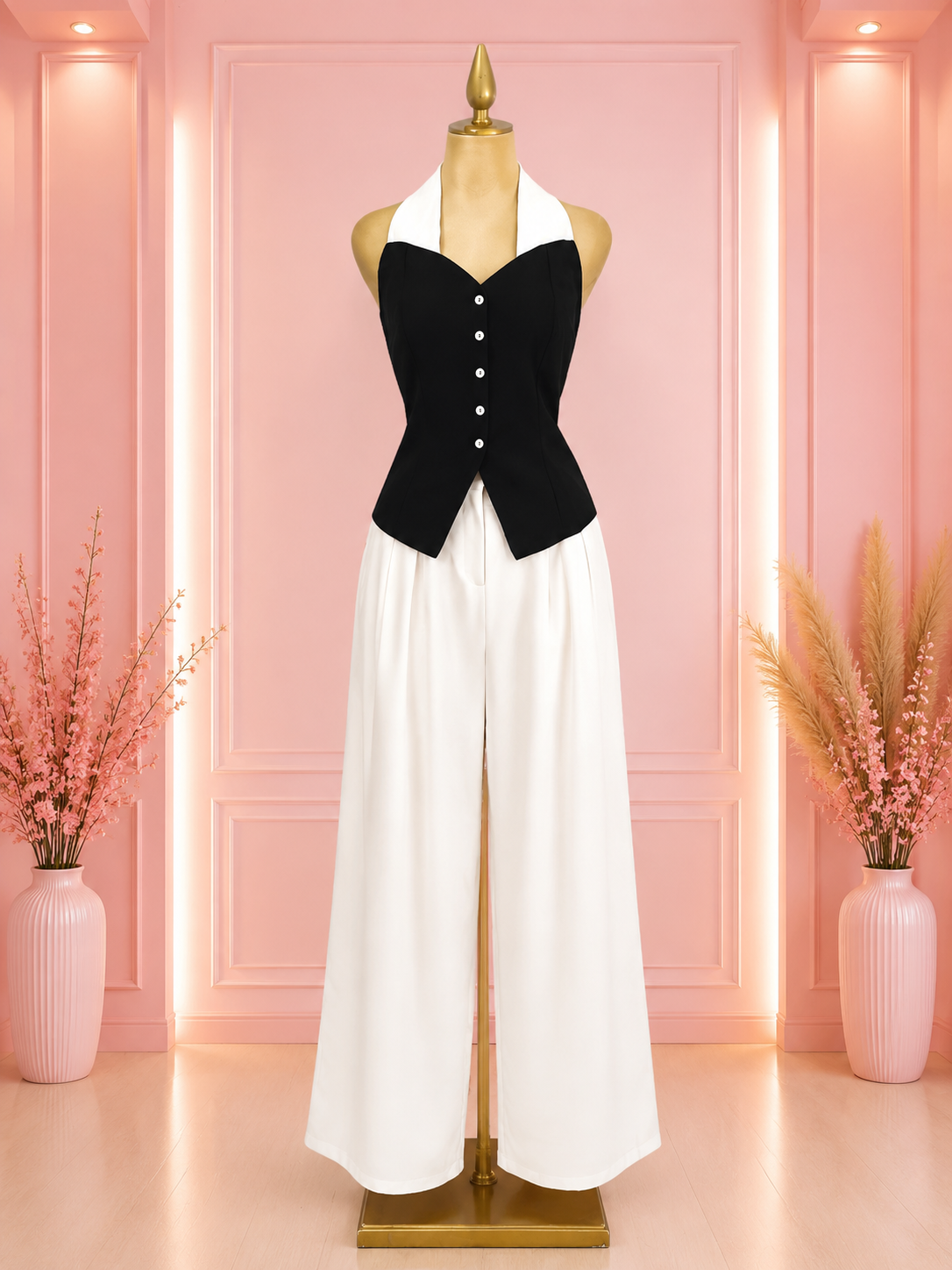 Top Halter Estructurado y Pantalón Wide Leg en Blanco y Negro
