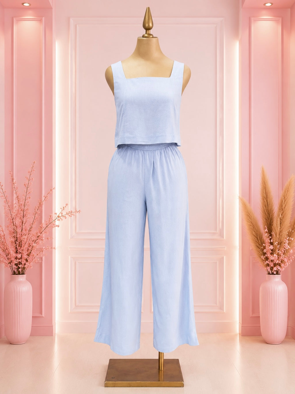 Top y Pantalón Wide Leg de Lino en Azul Cielo