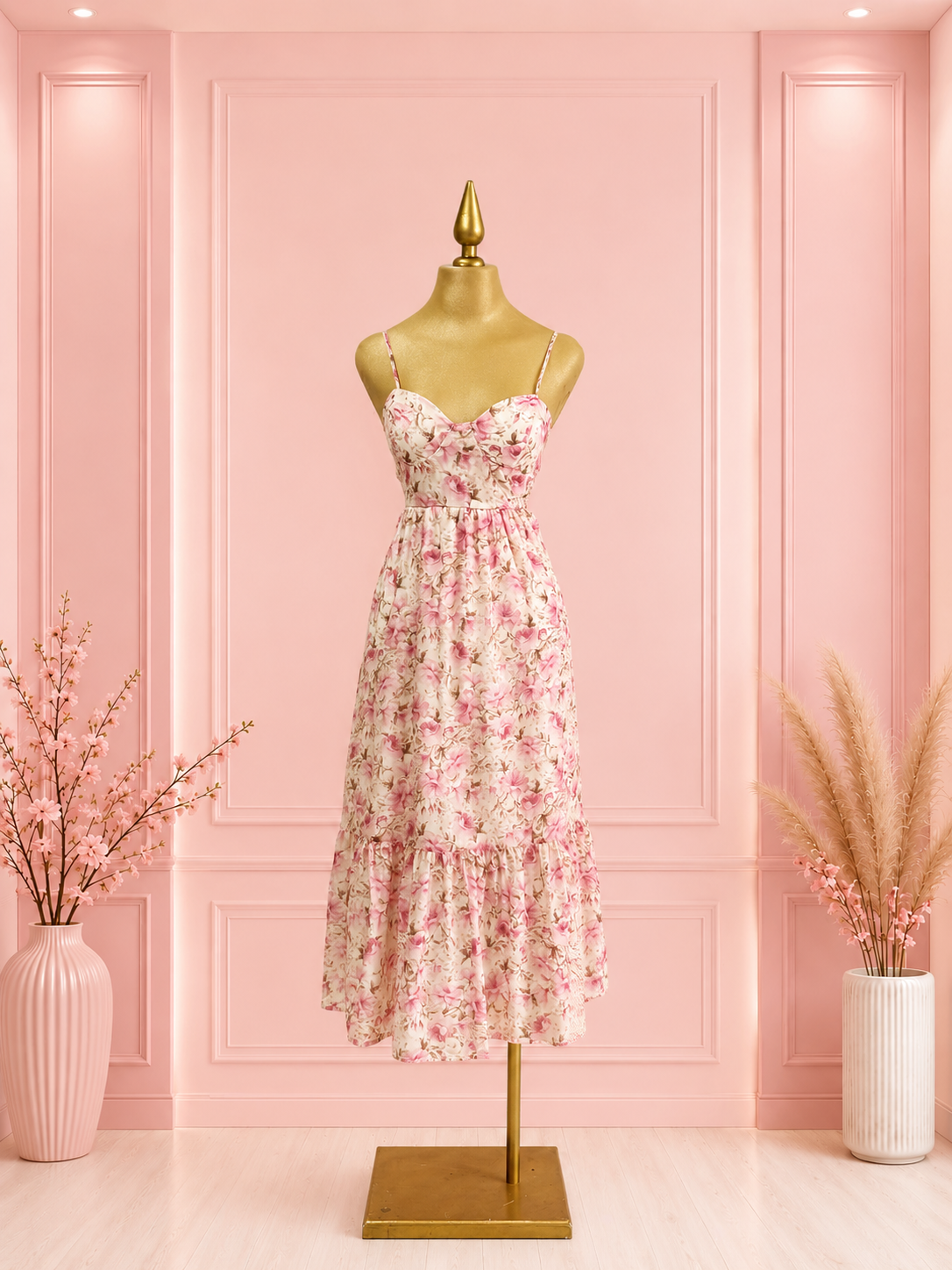 Midi Floral con Escote Corazón y Tirantes