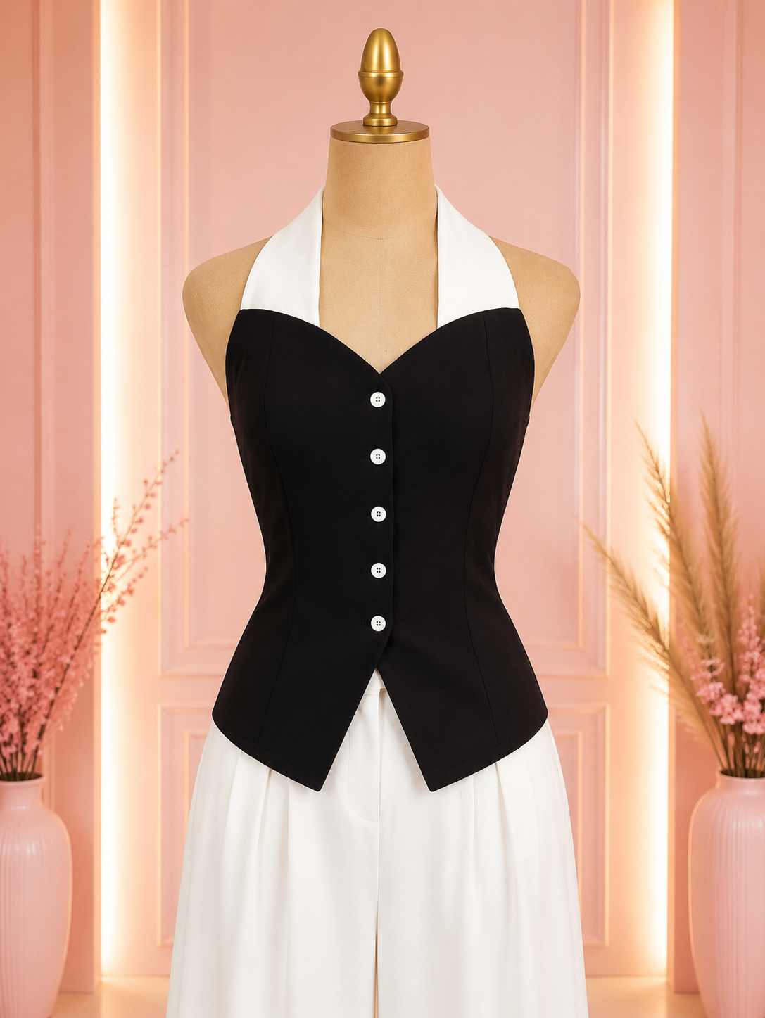 Top Halter Estructurado y Pantalón Wide Leg en Blanco y Negro