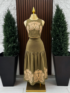 Conjunto Lino Maxi con Bordado Café